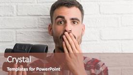  Presentation with woman covering man mouth hand - Theme having find mistakes - young adult man over brick background and a  colored foreground