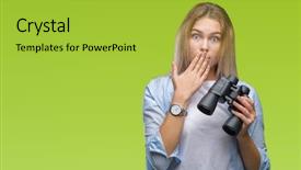  Presentation with woman covering man mouth hand - Beautiful presentation theme featuring find mistakes - young caucasian woman holding binoculars backdrop and a yellow colored foreground