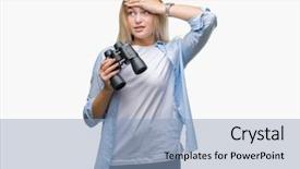  Presentation with young woman diagnosis of sti - Colorful theme enhanced with find mistakes - young caucasian woman holding binoculars backdrop and a light blue colored foreground