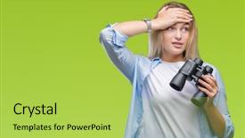  Presentation with skin anatomy face and head - Slide set consisting of find mistakes - young caucasian woman holding binoculars background and a yellow colored foreground