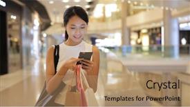  Presentation with phone - Slides featuring find sales people - woman looking at mobile phone background and a coral colored foreground