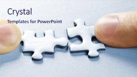  Presentation with together puzzle pieces - Audience pleasing slides consisting of find shape - fingers pushing two matching puzzle backdrop and a sky blue colored foreground