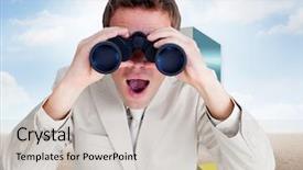  Presentation with landscape desert - PPT layouts with find shape - positive businessman using binoculars background and a  colored foreground