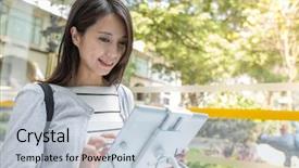  Presentation with digital university - Slide set having finding department university - woman use of digital tablet background and a lemonade colored foreground