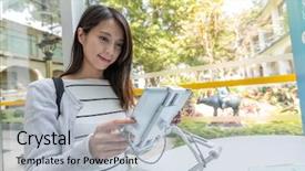  Presentation with digital pedagogy - PPT theme having finding department university - woman using digital tablet background and a  colored foreground