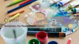  Presentation with fine art - PPT theme consisting of fine art creativity and artistic tools concept - close up of palette brushes paint tubes and gouache colors on table background and a coral colored foreground