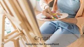  Presentation with fine art - Audience pleasing presentation design consisting of fine art painting creativity and people concept - close up of artist woman applying color paint to palette at studio backdrop and a coral colored foreground