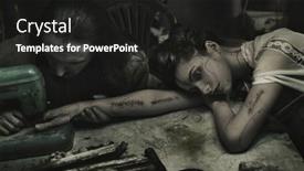  Presentation with fine art - Colorful slides enhanced with hand removing one block of a pyramid made of small granite rock blocks backdrop and a light gray colored foreground