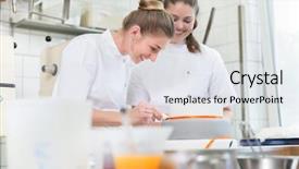  Presentation with helping women - Audience pleasing theme consisting of fine bakery or pastry shop backdrop and a sky blue colored foreground