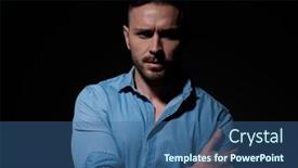  Presentation with blue black and silver - Theme featuring fine casual man wearing blue shirt standing and holding arm confident against black studio background background and a ocean colored foreground