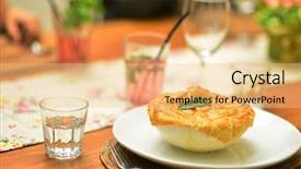  Presentation with dining table - Audience pleasing presentation consisting of fine ceramic - beef stew pie is ready backdrop and a lemonade colored foreground