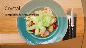  Presentation with celery - Slide deck with fine ceramic - seafood starter with vegetables background and a coral colored foreground