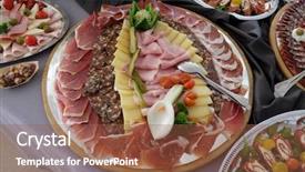  Presentation with food plate starter or entree - Colorful presentation theme enhanced with fine croatian prosciutto sliced salami backdrop and a tawny brown colored foreground