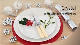  Presentation with cracker - Presentation theme enhanced with fine dining restaurant - christmas place setting with plates background and a soft green colored foreground