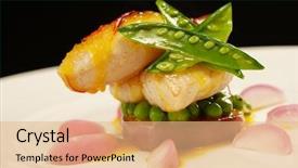  Presentation with pies - Beautiful presentation design featuring fine dining restaurant - white fish fillet in sauce backdrop and a coral colored foreground