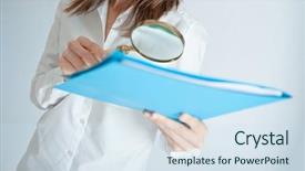  Presentation with looking glass - Beautiful PPT theme featuring fine print - woman looking to a file backdrop and a sky blue colored foreground