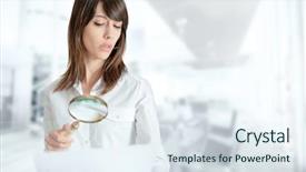  Presentation with magnifying glass - Slide deck featuring fine print - young woman inspecting a document background and a sky blue colored foreground