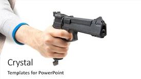  Presentation with gun - Cool new slide deck with trigger finger - man's hand holding gun isolated backdrop and a white colored foreground