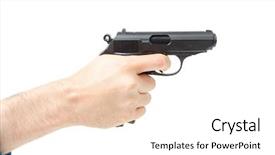  Presentation with gun - Beautiful slide deck featuring trigger finger - man's hand holding gun isolated backdrop and a sky blue colored foreground