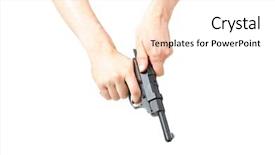  Presentation with charging gun man hands charging - Cool new slide deck with trigger finger - man's hand holding gun isolated backdrop and a sky blue colored foreground