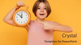  Presentation with happy kids - PPT layouts enhanced with finger at alarm clock background and a gold colored foreground