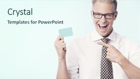  Presentation with business card - Cool new slide set with finger at blank business card backdrop and a  colored foreground