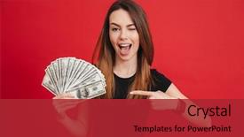  Presentation with portrait happy family smiling - Beautiful slide deck featuring finger at bunch of money backdrop and a red colored foreground