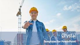  Presentation with building construction - Amazing presentation theme having finger at you on construction backdrop and a teal colored foreground