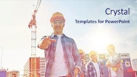  Presentation with business building blocks - Cool new PPT theme with finger at you on construction backdrop and a sky blue colored foreground