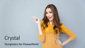  Presentation with happy smiling woman dental health - Presentation design enhanced with finger away over gray backgorund background and a lemonade colored foreground