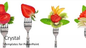  Presentation with fresh fruits and leafty greens - Beautiful theme featuring finger food - fresh fruits slices on forks backdrop and a white colored foreground