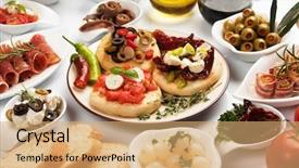  Presentation with appetizers - Slides consisting of finger food - table full of mediterranean appetizers background and a coral colored foreground