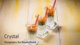  Presentation with almond - Colorful slide set enhanced with finger food with ricotta arugula carrot and sliced almond backdrop and a lemonade colored foreground