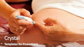  Presentation with blood test - Amazing PPT theme having finger for a blood glucose backdrop and a tawny brown colored foreground