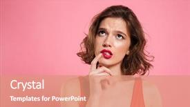  Presentation with close up of young girls - PPT layouts featuring finger her cheek looking upward background and a coral colored foreground