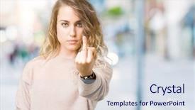  Presentation with arabian woman wearing hijab muslim - Theme enhanced with finger impolite and rude fuck background and a sky blue colored foreground