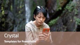  Presentation with waterfall woman - Presentation theme enhanced with finger lakes - asian woman using mobile phone background and a  colored foreground