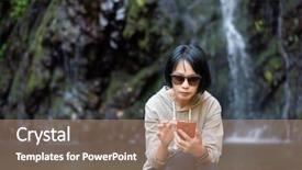  Presentation with waterfall woman - Amazing presentation having finger lakes - asian woman using mobile phone backdrop and a  colored foreground