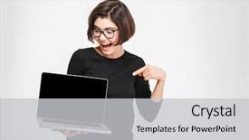  Presentation with laptop blank screen - Theme enhanced with finger on blank laptop computer background and a light gray colored foreground