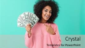  Presentation with portrait of excited overjoyed female - Amazing PPT theme having finger on fan of money backdrop and a coral colored foreground