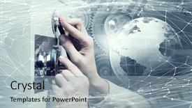  Presentation with safe - Audience pleasing slides consisting of finger padlock - woman open safe mixed media backdrop and a light gray colored foreground