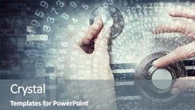  Presentation with safe - Cool new PPT theme with finger padlock - woman open safe mixed media backdrop and a gray colored foreground