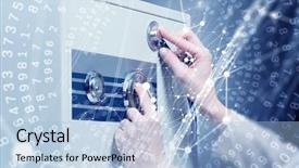  Presentation with safe - Amazing PPT layouts having finger padlock - woman open safe mixed media backdrop and a light blue colored foreground