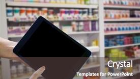  Presentation with drugs - Amazing presentation design having finger pointing to tablet against close up of shelves of drugs backdrop and a dark gray colored foreground