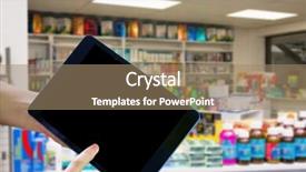  Presentation with drugs - Audience pleasing presentation theme consisting of finger pointing to tablet against close up of shelves of drugs backdrop and a coral colored foreground