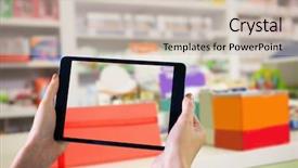  Presentation with drugs - PPT theme with finger pointing to tablet against close up of shelves of drugs background and a soft green colored foreground