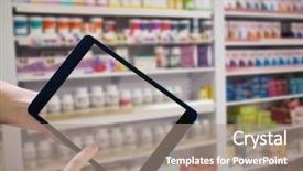  Presentation with drugs - Beautiful PPT layouts featuring finger pointing to tablet against close up of shelves of drugs backdrop and a coral colored foreground