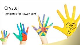  Presentation with fade blue painted red white - Presentation having finger print - painted hands isolated on white background and a white colored foreground