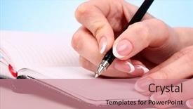  Presentation with hand holding pencil - Amazing slide deck having finger print - woman writting hand with pencil backdrop and a coral colored foreground