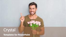  Presentation with hand holding flowers - Colorful presentation theme enhanced with handsome young man over grey grunge wall holding flowers bouquet very happy pointing with hand and finger to the side backdrop and a coral colored foreground
